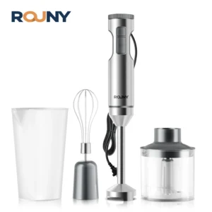Liquidificador de mão ROUNY 4 em 1, potente, 1000 W, com batedor de aço inoxidável, copo medidor de 700 ml, processador de 500 ml e batedor de arame.