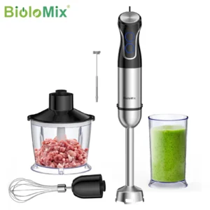Liquidificador de imersão manual BioloMix 5 em 1, 1500 W, com lâmina de aço inoxidável 304, processador de alimentos, smoothies, purês e papinhas para bebês.