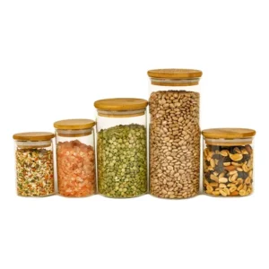 Kit 5 Potes De Vidro Herméticos Oikos Coz02118 Mantimentos Alimentos Tampa Bambu