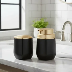 Kit Lavabo Algodão Sabonete Líquido Cotonete Banheiro Pia Preto/dourado