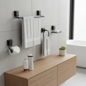 Kit Porta Toalha Shampoo Sabonete Papel Cabide Ventosa Preto Preto