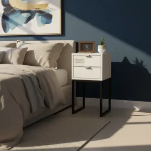 Mesa de Cabeceira Off White 2 Gavetas MDF Base Ferro Industrial