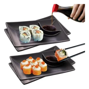 Kit 4 Pratos - Retangular De Melamina C/molheira Preto Sushi Preto Lisa Para Sushi
