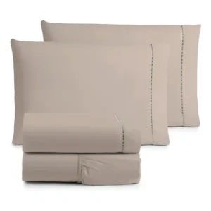 Jogo de lençol queen size 04 peças 600 Fios toque macio cor cáqui desenho do tecido liso Vilma Enxovais