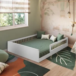 Cama Casal De Chão Infantil Montessoriana Grade De Proteção Cor Branco