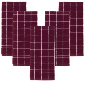 Kit 5 Panos De Prato Copa Cozinha Atoalhados Algodão Felpudo Cor Bordô Geométrico