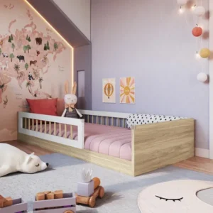 Cama Infantil De Chão Montessoriana Solteiro Grade Proteção Cor Aveiro oak MKTPAFT008