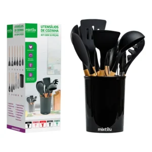 Kit 12 Espátulas Concha Pegador Silicone Cozinha Preto Preto