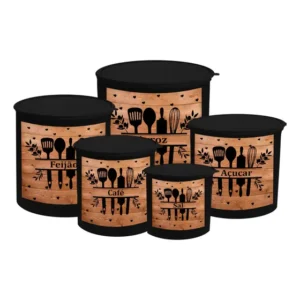 Kit 5 Potes Mantimentos Plástico Decorado Talher Amadeirado