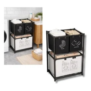 Organizador Multiuso De Roupas Para Lavanderia Com 3 Cestos Preto E Branco