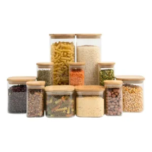 Kit 11 Potes Herméticos Vidro Tüd Tampa Bambu Armazenar Alimentos Marrom-claro