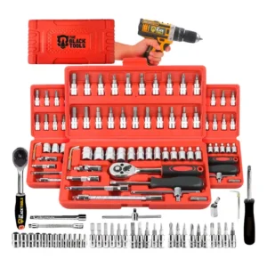 Jogo De Soquete Aço Crv 1/4 Catraca Chave Allen Kit Ferramentas C/ Maleta 46 Peças Fenda Philips Tks46 The Black Tools