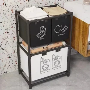 Organizador De Roupas Para Lavanderia Com 3 Cestos Preta E Branca
