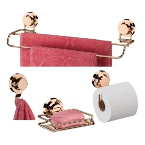 Kit Toalheiro Porta Sabonete Papel Gancho Ventosa Rose Gold