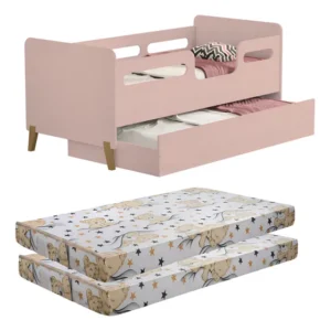 Bicama Infantil Com Proteção Lateral Auxiliar C/2 Colchões Cor Rosa