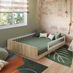 Cama Casal De Chão Infantil Montessoriana Grade De Proteção Cor Aveiro Oak