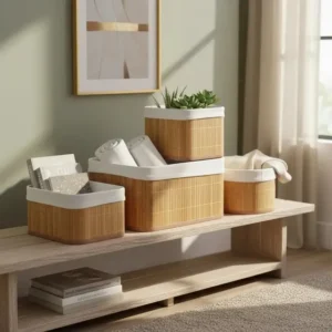 Kit 4 Cestos Bambu Com Forro Organizador Multiuso Top Rio Palha Liso