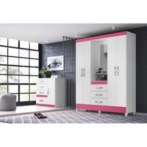 Guarda Roupa 04 Portas Cômoda 04 Gavetas Flex Moval Branco / Rosa / Branco Branco