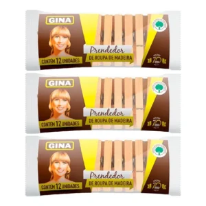 Kit 3 Prendedor De Roupa De Madeira Gina Contém 12 Unidades