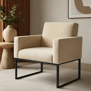 Poltrona Cadeira Decorativa Pés De Ferro Preto Sala Recepção Cor Bege Desenho do tecido Liso