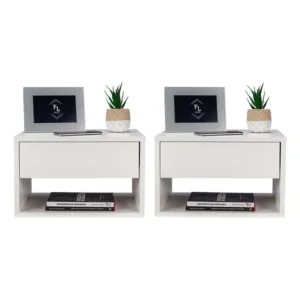 Kit 2 Mesas de Cabeceira Suspensa 50cm MDF Gaveta Superior e Nicho Branca Fl Decor Branco