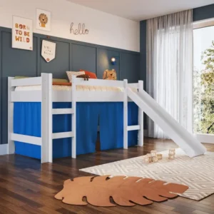 Cama Infantil Elevada Menino Menina Solteiro com Degrau e Escorregador Branca com Cortina Azul