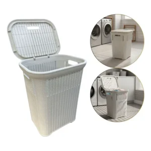 Cesto Rattan De Roupas Organizador Com Tampa Branco 50 Litros