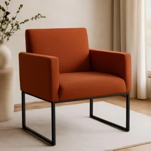 Poltrona Cadeira Decorativa Pés De Ferro Preto Sala Recepção Cor Terracota Desenho do tecido Liso