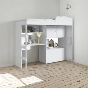 Cama Alta Multifuncional Com Baú E Escrivaninha Lion Branco