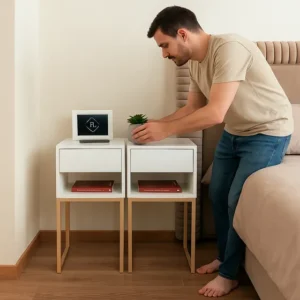 Kit 2 Mesas de Cabeceira 30cm Branco Eco Industrial 1 Gaveta e 1 Nicho Com Base de Metal Dourada Para Lateral da Cama Fl Decor Produto Montado