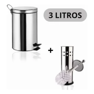 Escova Sanitária Inox + Lixeira Inox 3 Litros Para Banheiro