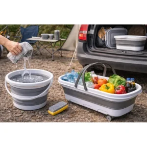 Kit Balde Retrátil 10l Silicone + Balde Dobrável Rodinhas Kit Balde E Cesto