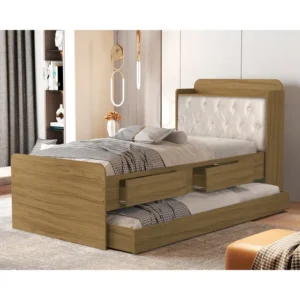 Cama Solteiro Tamires Capitone Duas Gavetas Bau E Auxiliar Cor Nature/bege
