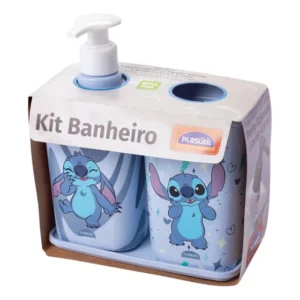 Kit Banheiro Com Porta Sabonete Stitch 3 Peças Plasútil Cor Azul-aço
