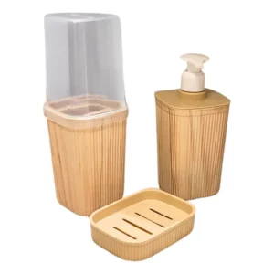 Kit Banheiro Porta Sabonete E Escova De Dente Madeira Plasti Bege / Amarelo