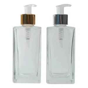 Porta Sabonete Vidro Retangular 250ml Seven Glass Pump Tampa Dourada/Prata