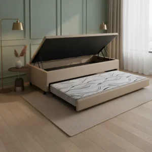 Bicama Box Baú Solteirão 96x203 Courino Linho Bege Com Colchão Auxiliar Ecoflex