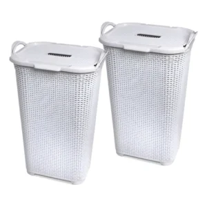 Kit C/2 Cestos Para Roupas Organizador Com Tampa Branco 50l