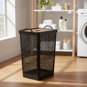 Cesto Telado Grande 49l Tampa Decorativa Madeira Moderno Preto Telado