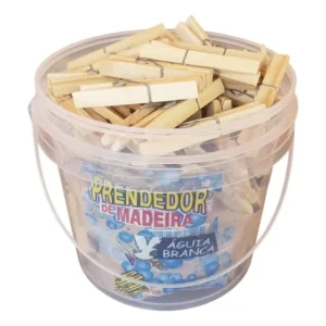 Kit 60 Prendedor Roupas Madeira Resistente + 1 Balde Com Tampa Pregador Roupas Para Varal E Artesanato Aguia Branca