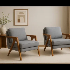 Conjunto 2 Poltronas Mona Luxo Pés De Madeira Maciça Sala Linho Cinza Linho