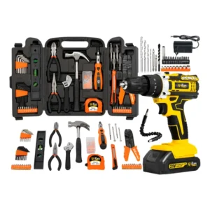 Parafusadeira Furadeira 21v Bivolt 1 Bateria + Kit 129 Peças Amarelo 110v/220v 60hz