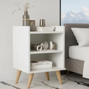 Mesa De Cabeceira Retrô C/ Pés Palito Nicho E Prateleira Fosco Branco