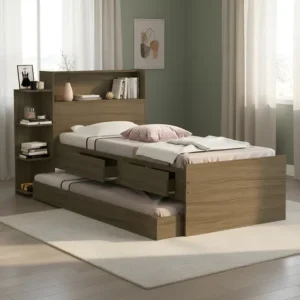 Cama Solteiro Isa Com Auxiliar Gavetas E Nicho Lateral Cor Castanho