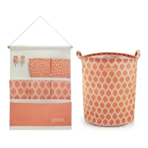 Kit Organizador Parede Objetos E Cesto Roupa Suja Lavanderia Salmão Listras Listras