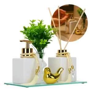Kit Lavabo Banheiro Luxo Frasco De Vidro Difusor Aromatizador C/ Bandeja De Vidro E porta sabonete