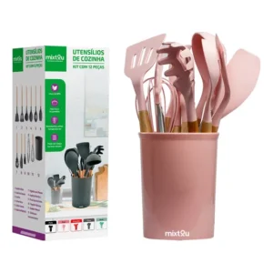 Kit 12 Espátulas Concha Pegador Silicone Cozinha Rosa