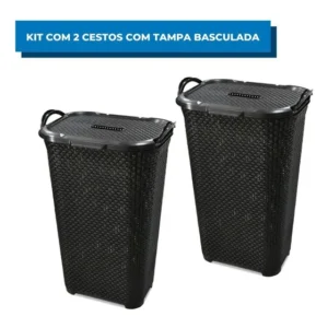 Kit C/2 Cestos Para Roupas Organizador Com Tampa Preto 50l