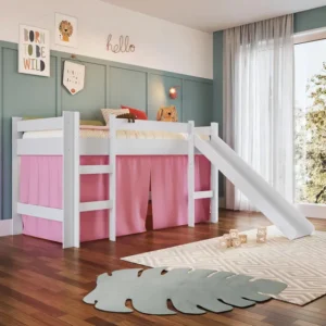 Cama Infantil Elevada Menino Menina Solteiro 202cm com Degrau e Escorregador Branca com Cortina Rosa