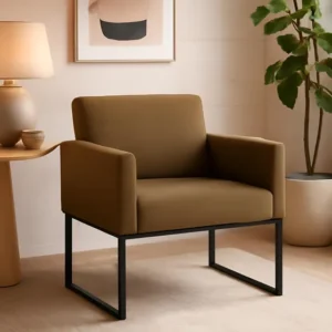 Poltrona Cadeira Decorativa Pés De Ferro Preto Sala Recepção Cor Marrom Desenho do tecido Liso